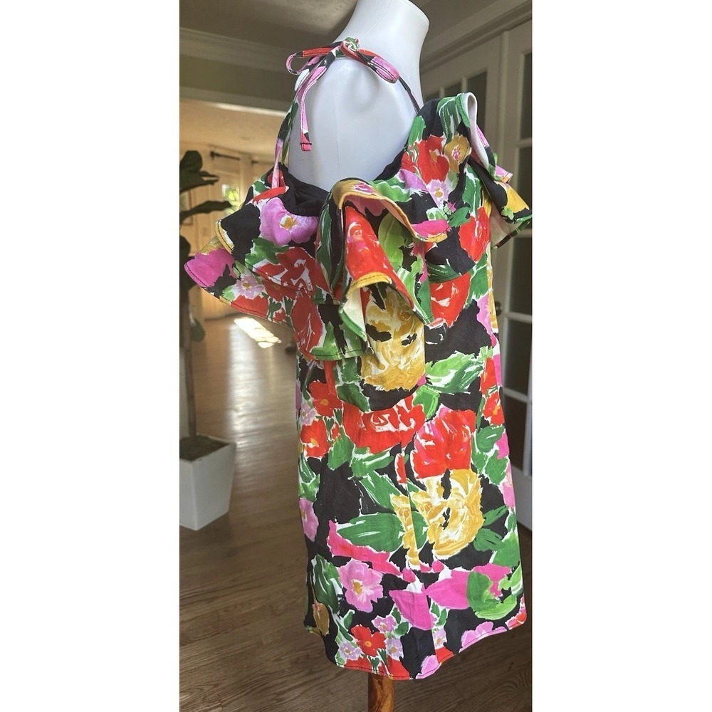 Topshop Cotton Blend Bold Floral Ruffle Off Shoulder Bardot Mini Dress Size 8 - Picture 3 of 6